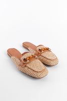 Capone Outfitters Straw Buckle Genuine Leather Women's Short Heeled Closed Women's Slippers