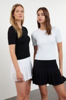 Trendyol Black-Ecru Basic Short Sleeve Double Pack Knitwear Thin Blouse