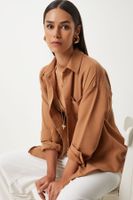 Happiness İstanbul Women's Tan Oversize Linen Ayrobin Shirt