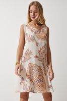 Happiness İstanbul Women's Cream Peach Patterned Linen Viscose Mini Dress
