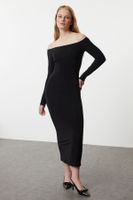 Trendyol Black Straight Carmen Neck Bodycone/Fitting Flexible Maxi Knitted Dress