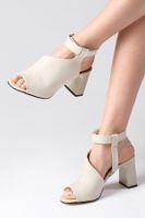 Mio Gusto Sonya Beige Color Asymmetric Cut Ankle Strap Women's Thick Heeled Sandals