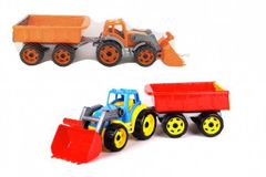 Traktor / nakladač / bager s vlekom s lyžicou plast na voľný chod 2 farby v sieťke 16x61x16cm