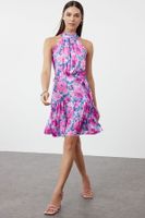 Trendyol Fuchsia Floral Print Halter Neck A-line Satin Mini Woven Dress