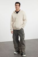 Trendyol Stone Oversize/Wide Cut Zippered Hooded Fleece Inside Basic Sweatshirt