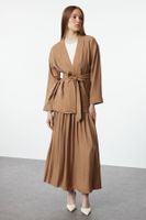 Trendyol Camel Belted Kimono-Pleated Skirt Woven Bottom-Top Set