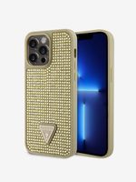 Guess Rhinestones Triangle Metal Logo Kryt pro iPhone 15 Pro Max Gold Etui za telefon ljubičasta