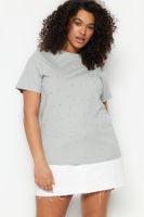 Trendyol Curve Grey Crew Neck Accessory 100% Cotton Knitted T-shirt