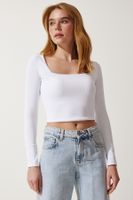 Happiness İstanbul Women's White Square Neck Ribbed Crop Knitted Blouse