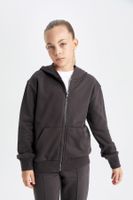 DEFACTO Girls Anthracite Basic Hooded Zippered School Cardigan