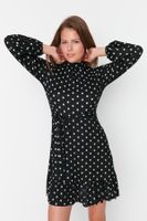 Trendyol Black Flounce and Decollete Decollete Skater/Waist Printed Ribbed Mini Knitted Dress