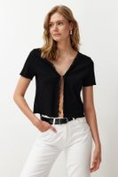 Trendyol Black Cotton V Neck Decollete Lace Detail Elastic Knitted Blouse