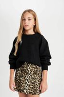 DEFACTO Girl Black Standard Fit Crew Neck Knitted Patterned Knitwear Sweater