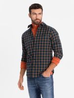 Ombre Men's plaid flannel shirt SLIM FIT - navy blue and orange