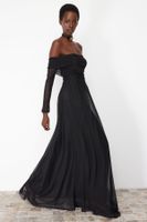 Trendyol Black A-Line Carmen Collar Knitted Tulle Long Elegant Evening Dress