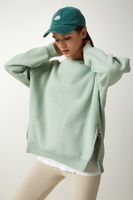 Happiness İstanbul Women's Aqua Green Zipper Detail Raised Knitted Sweatshirt