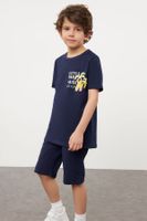 Trendyol Navy Blue Boy Printed Short Sleeve T-shirt Shorts Cotton Knitted Set Bottom-Top Set