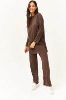 Olalook Women's Bitter Brown Top Slit Blouse Bottom Palazzo Corduroy Suit