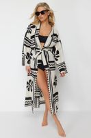 Trendyol Floral Pattern Belted Maxi Woven 100% Cotton Kimono & Kaftan