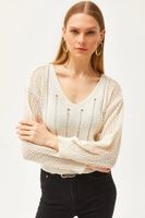 Olalook Women's Ecru V-Neck Stripe Openwork Hollowed Sleeve Cotton Knitwear Blouse