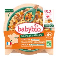 BABYBIO cestoviny coquillettes s mrkvou, šampiňónmi, šunkou a smotanou