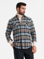 Ombre Men's checkered flannel shirt with pockets - gray-yellow