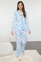 Trendyol Blue 100% Cotton Floral Piping Detailed Knitted Pajamas Set