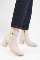 Shoeberry Women's Molly Beige Leather Belt Detail Zippered Heeled Boots