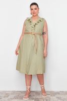 Trendyol Curve Green Straw Belt Woven Dress