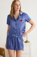 Trendyol Blue Plain Embroidered Satin Woven Pajama Set