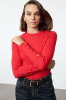 Trendyol Red Buttoned Ribbed Stand Collar Fitted Cotton Stretch Knitted Blouse