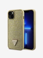 Guess Rhinestones Triangle Metal Logo Kryt pro iPhone 15 Gold Etui za telefon ljubičasta