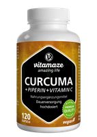 Kurkuma Kapseln hochdosiert & vegan, Piperin + Curcumin + Vitamin C, 120 Kapseln Curcuma Pulver für 6 Wochen, Made in DE | Vitamaze by Sensilab