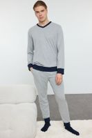 Trendyol Men's Gray Regular Fit Contrast Ribbed Knitted Pajama Set