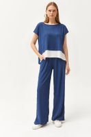 Olalook Women's Indigo Top Blouse Bottom Trousers Suit