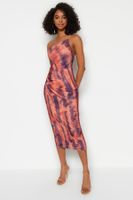 Trendyol Printed Bodycon Midi One Shoulder Adjustable Strap Knitted Pencil Dress
