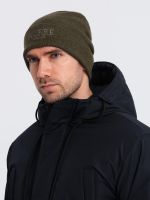 Ombre Men's knitted beanie cap with embroidered inscription - olive