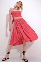 Trend Alaçatı Stili Women's Coral Bustier and Skirt Top and Bottom Woven Set