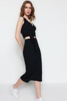 Trendyol Black Tie Detail, Crop Corduroy, Flexible Knit Top-Upper Set