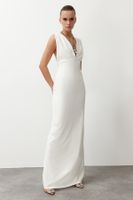 Trendyol White Deep V-neck Woven Long Elegant Evening Dress