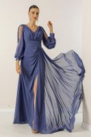 By Saygı V-Neck Long Evening Chiffon Dress with Draping and Lined Sleeves.