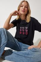 Happiness İstanbul Women's Black Heart Embroidered Cotton T-Shirt