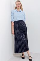 Bigdart 8009 Leather Look Pleated Skirt - Navy Blue