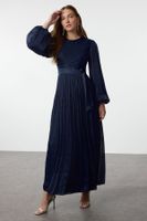 Trendyol Navy Blue Belt Detail Glittery Lined Chiffon Evening Dress