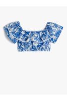 Koton Crop Blouse Sleeveless Open Shoulder Ruffles Floral Patterned Cotton