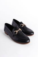 Capone Outfitters Women's Black Genuine Leather Loafer with Gold Buckle