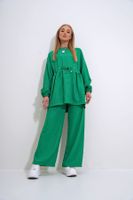 Trend Alaçatı Stili Women's Emerald Green Crew Neck Self-Belt Palazzo Trousers Tunic Suit