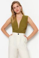 Trendyol Green Tie Detail V Neck Fitted/Sleeping Elastic Knitted Bodysuit