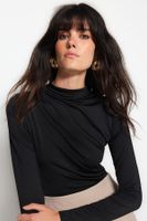 Trendyol Black Drawstring Detailed Stand-Up Collar, Stretchy Knitted Bodysuit