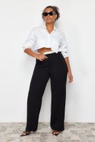 Trendyol Curve Black Waist Poplin Detail High Waist Wide Leg Knitted Plus Size Trousers